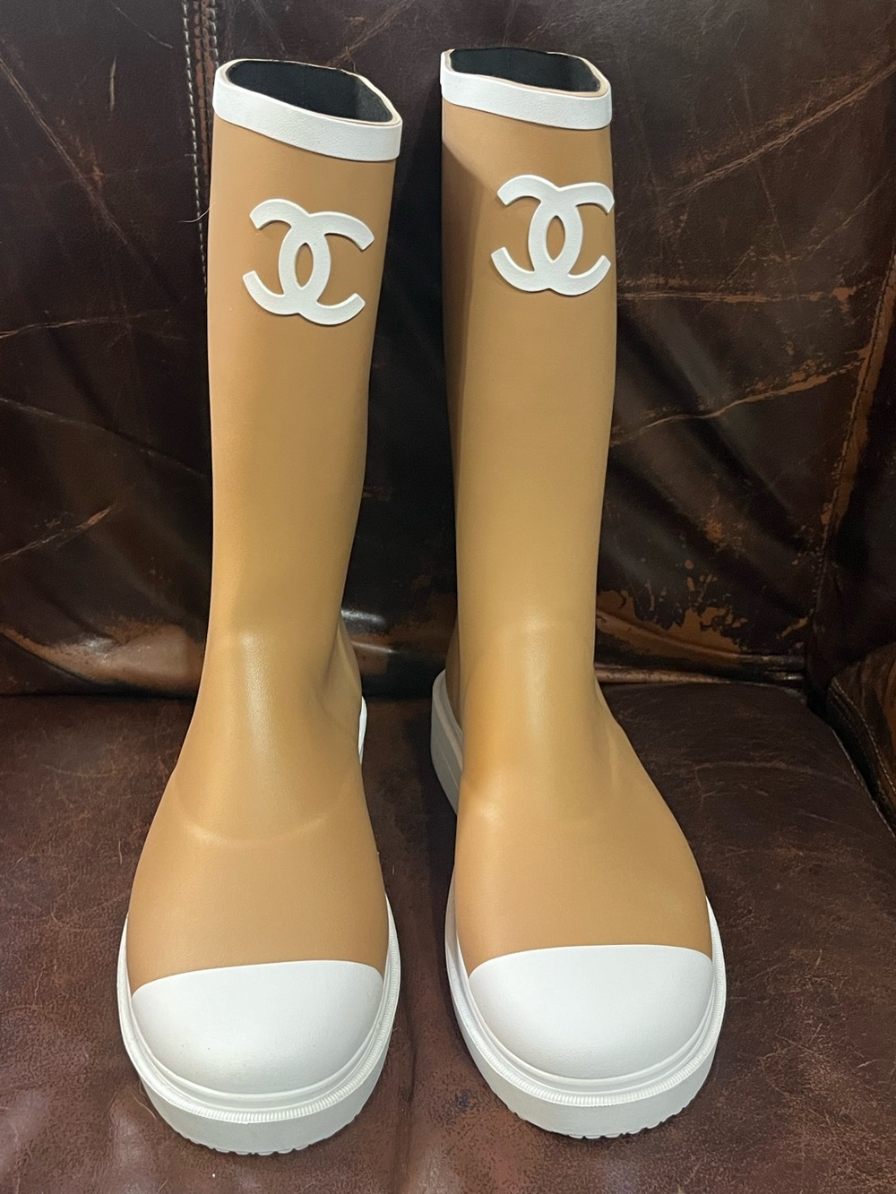Double C Designer Beige White High Rubber Rain Boots Size 40/9